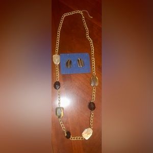 Prwnd vintage gold matte necklace 36” w brown stones and earrings  1 1/4”